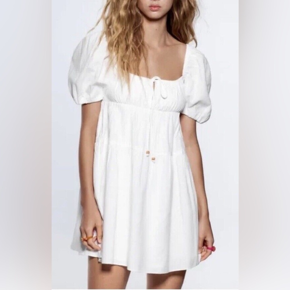Zara Linen White Puff Sleeve Dress